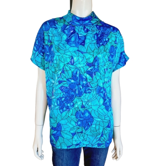 VINTAGE 80s Top Short Sleeve Large Mock Neck Stained Glass Inspired Floral - Picture 1 of 6